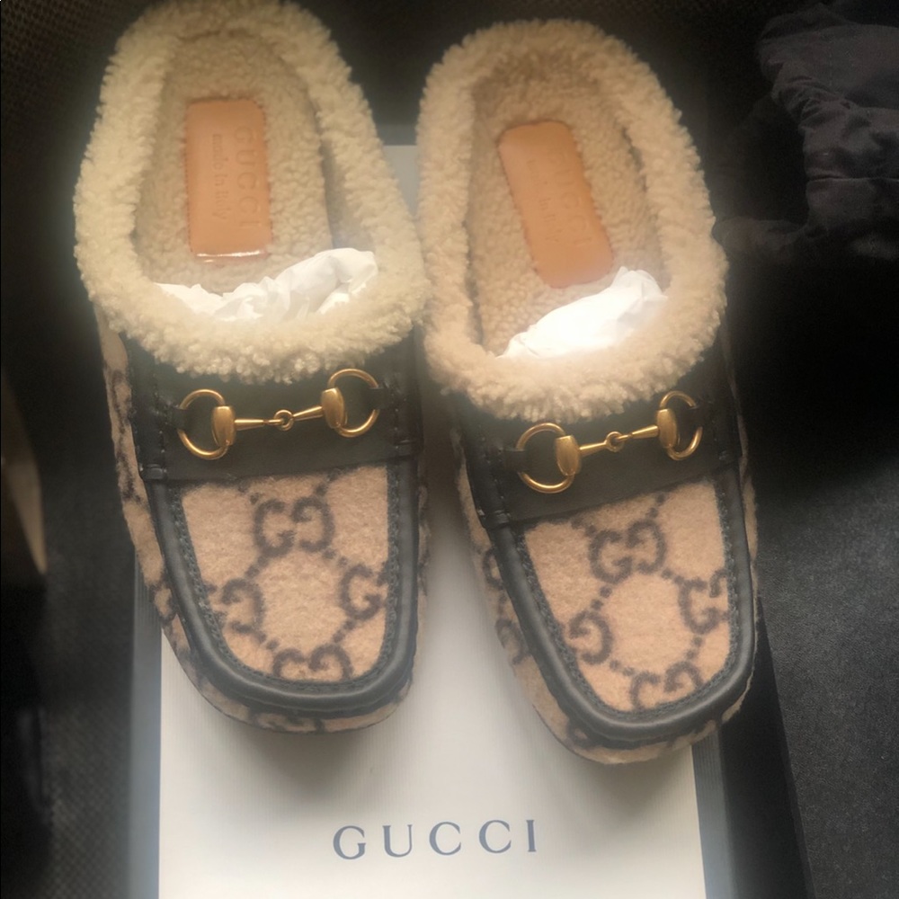 Gucci wool faux shearling horsebit mules